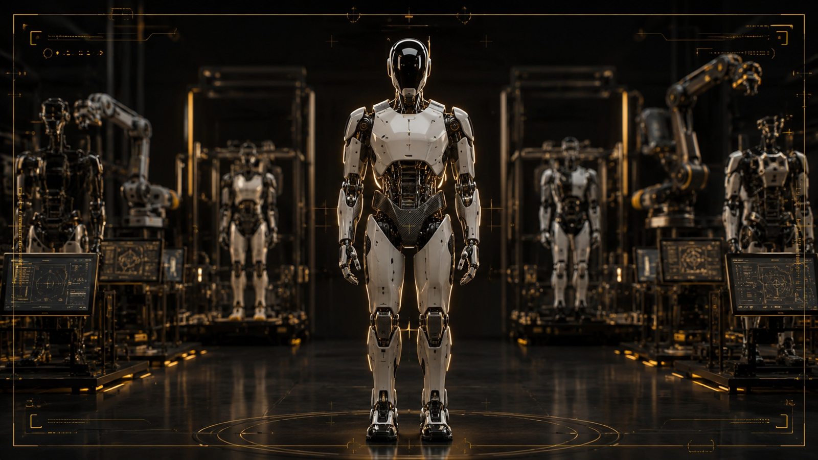 Robot humanoïde de type NEO debout au centre d'une ligne d'assemblage industrielle futuriste, baignée d'une lumière ambrée et grise
