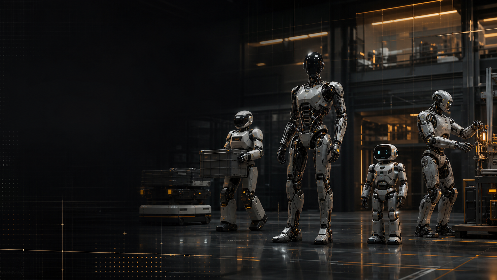 Illustration éditoriale Bybotix de quatre robots humanoïdes dans un laboratoire industriel