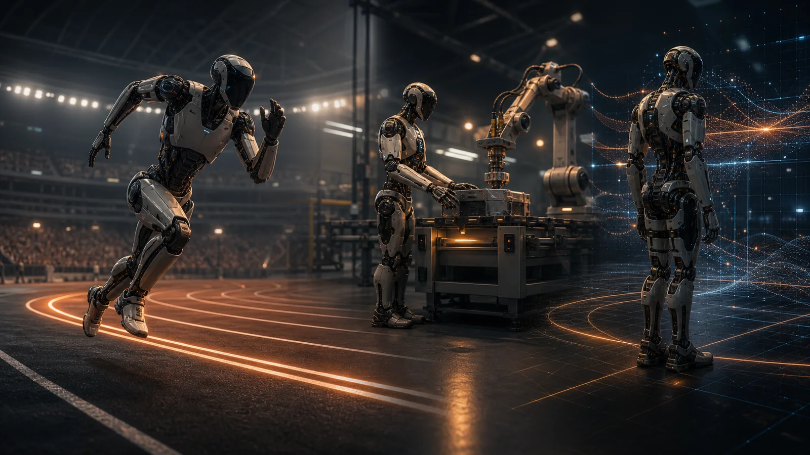 Illustration Bybotix de robots humanoïdes entre piste d’athlétisme, usine et modèle du monde