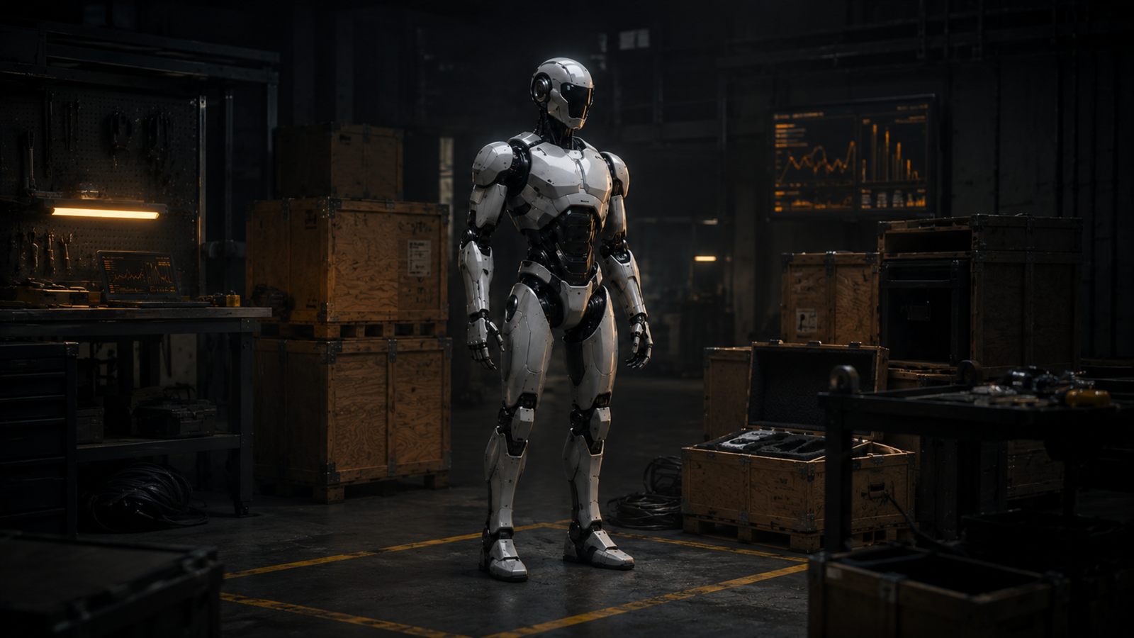 Humanoid robot in a dark technical workshop surrounded by crates, tools and a safety marking, amber accent