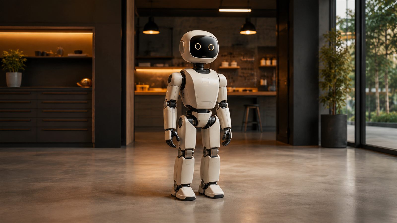 Compact, minimalist humanoid robot in a modern interior, suggesting a robot genuinely available in Europe