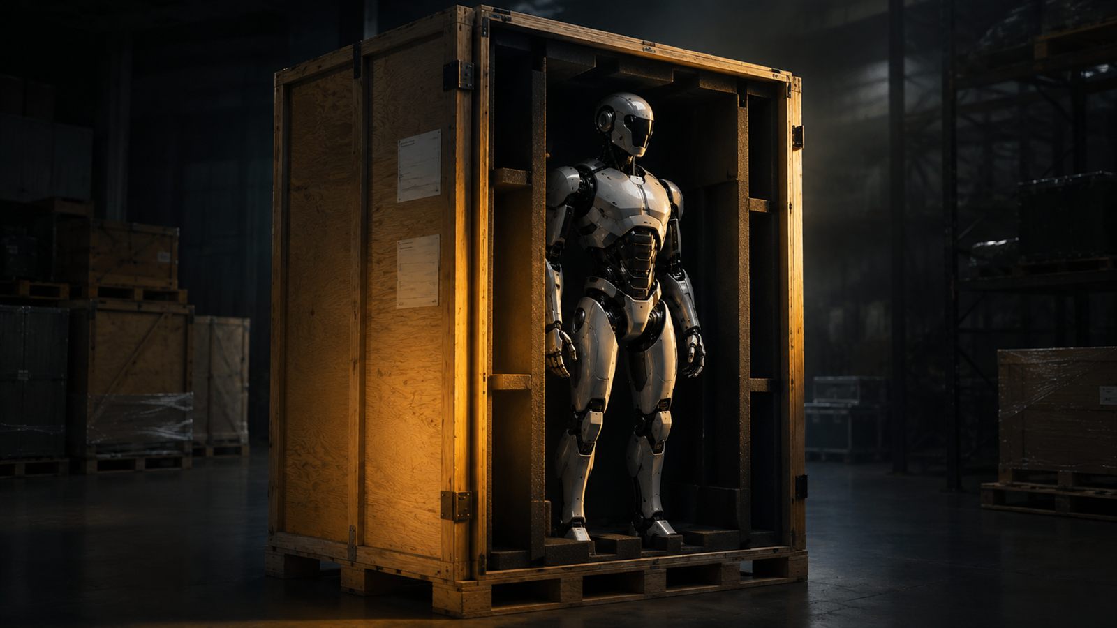 Humanoid robot standing inside an open wooden shipping crate in a dark, amber-lit warehouse