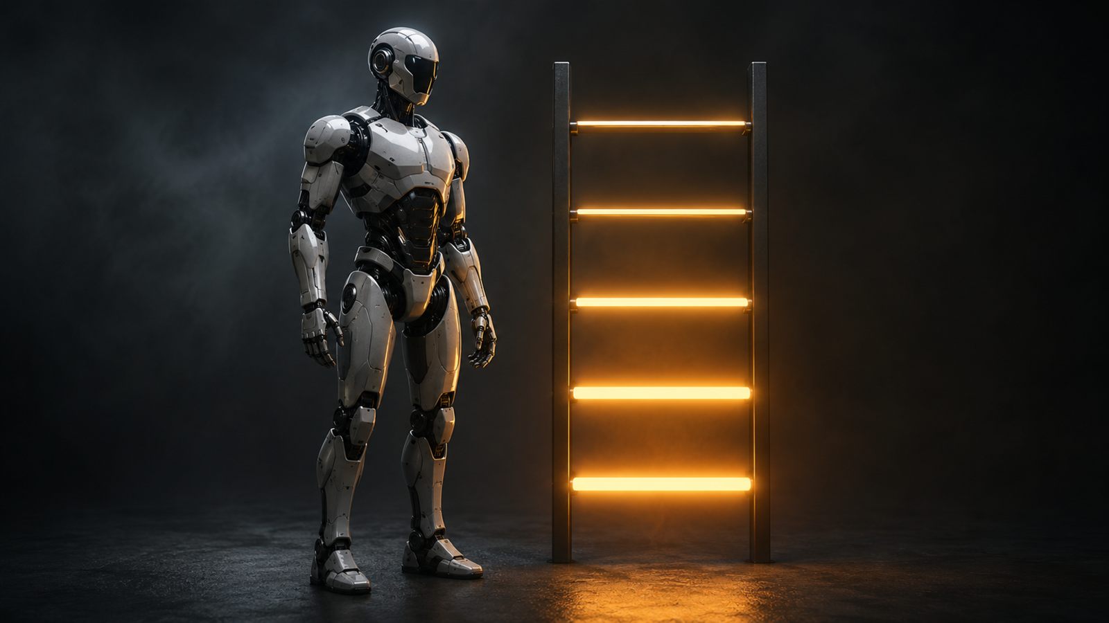 Humanoid robot in front of a glowing five-tier amber ladder representing maturity levels
