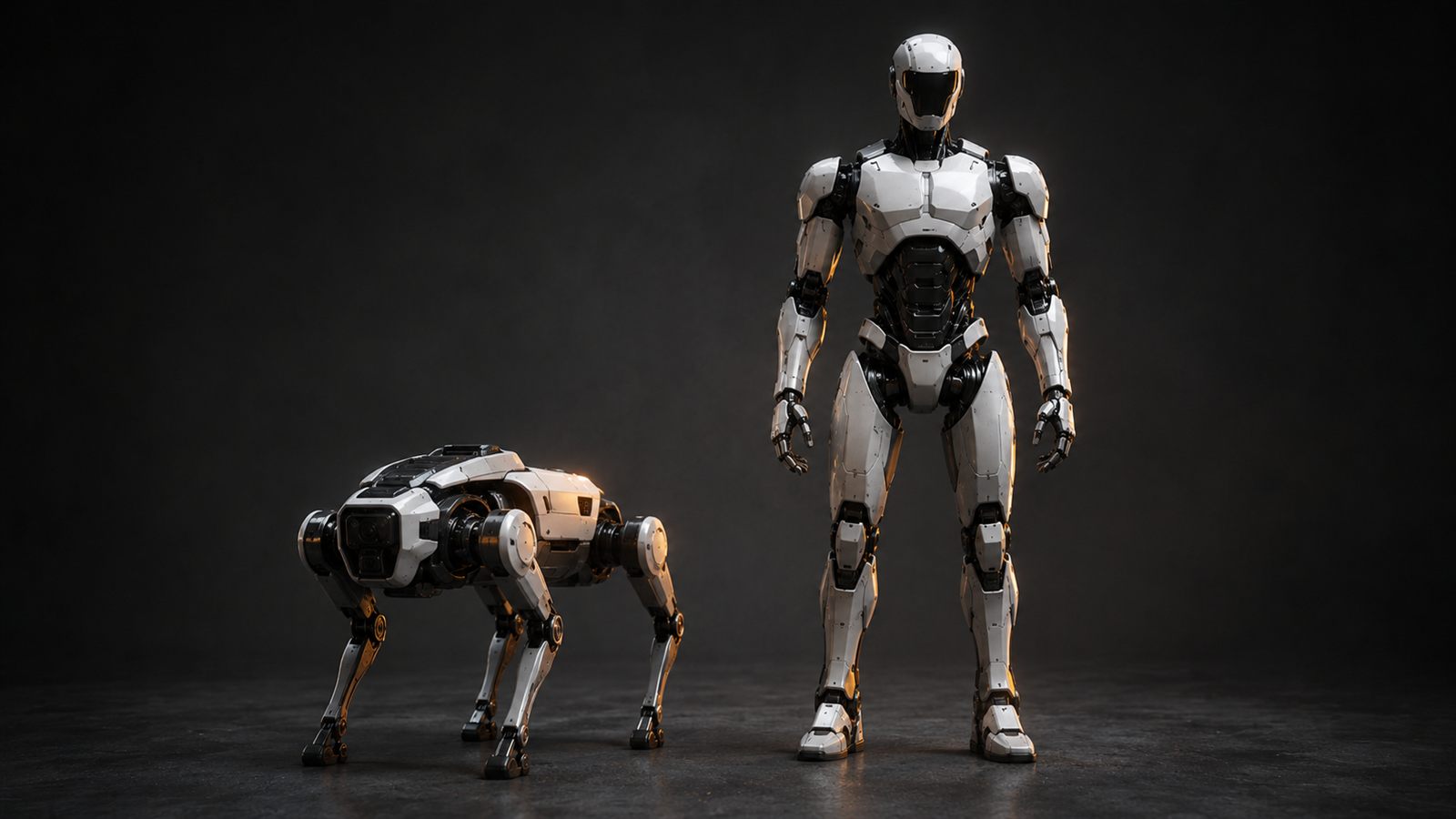 Dog-like quadruped robot next to a bipedal humanoid robot on a charcoal background, amber rim light