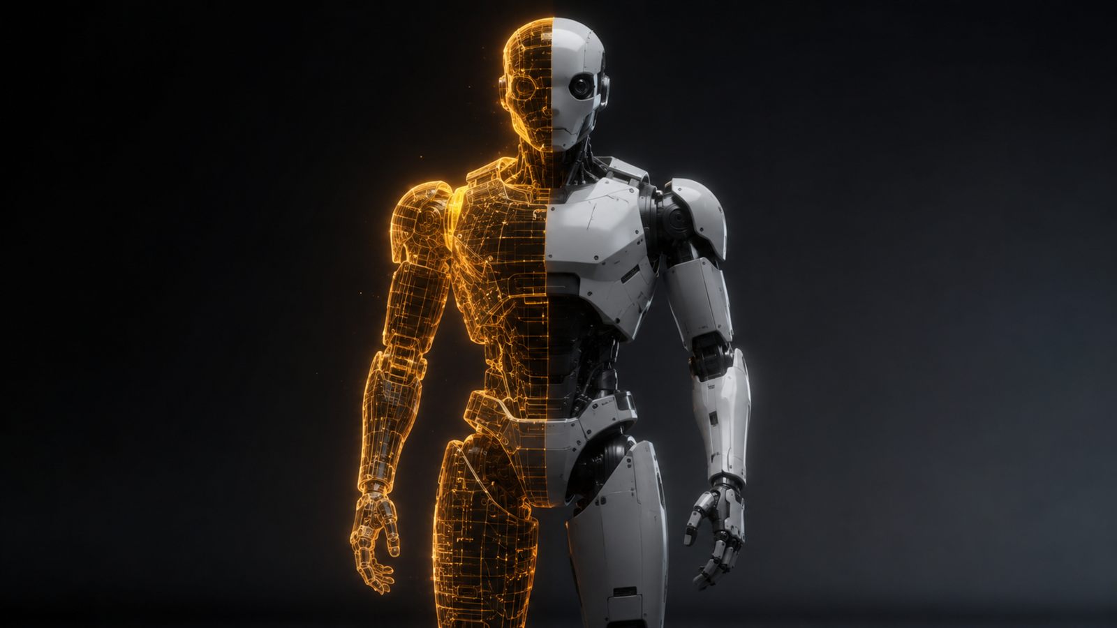 Humanoid robot whose left half is a wireframe amber hologram and right half a real physical robot