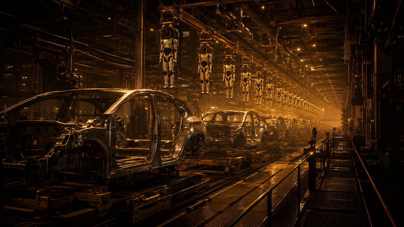 Repurposed car assembly line: car bodies and humanoid robots hanging on the same line