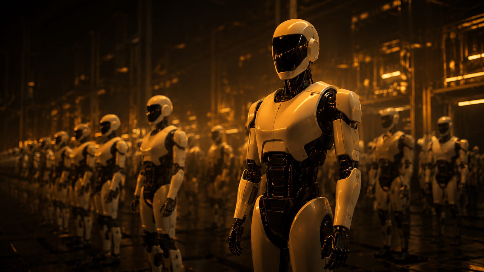 Humanoid robot in the foreground in front of rows of identical robots in a dark, amber-lit factory