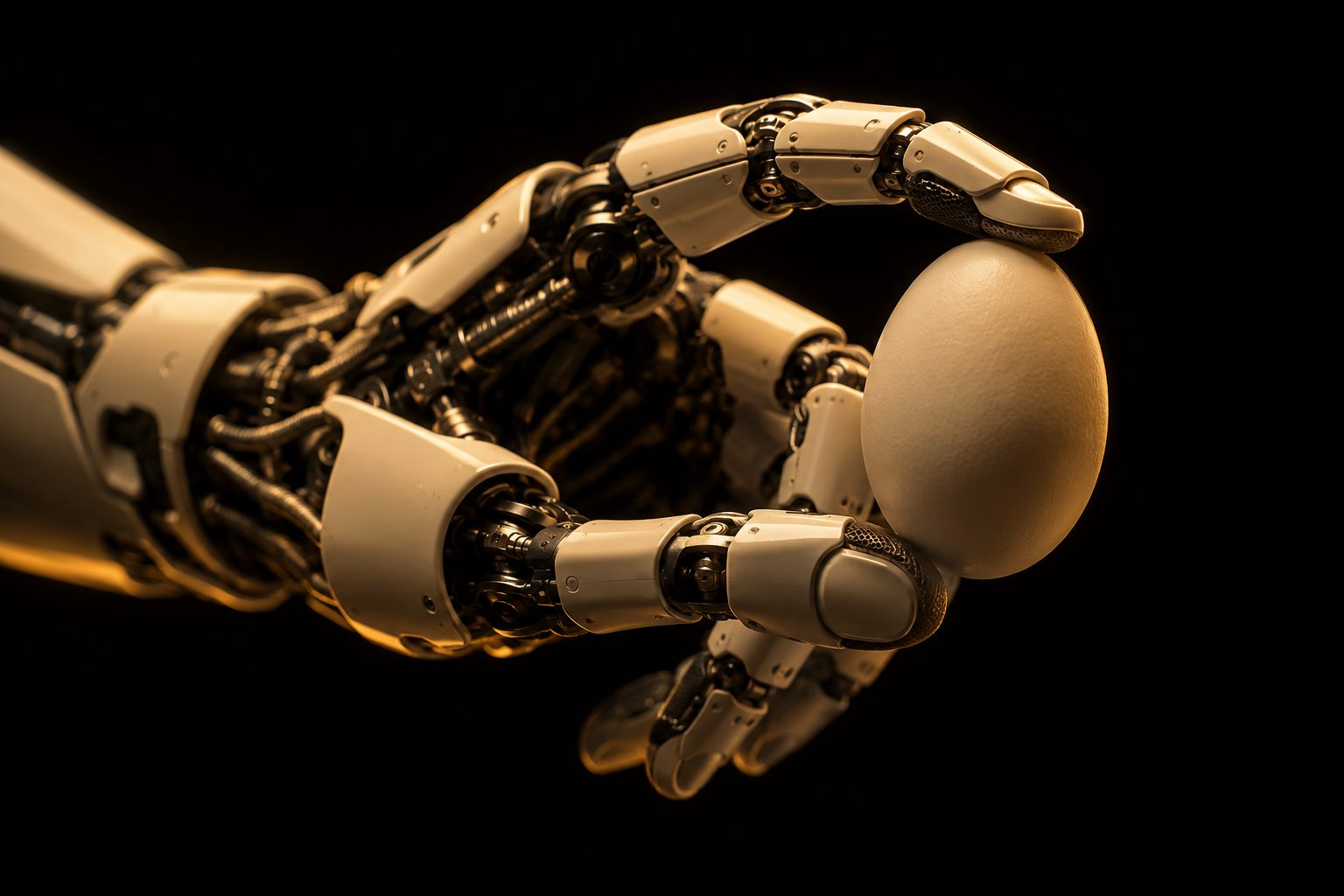 Close-up of a tendon-driven robotic hand delicately holding an egg without breaking it