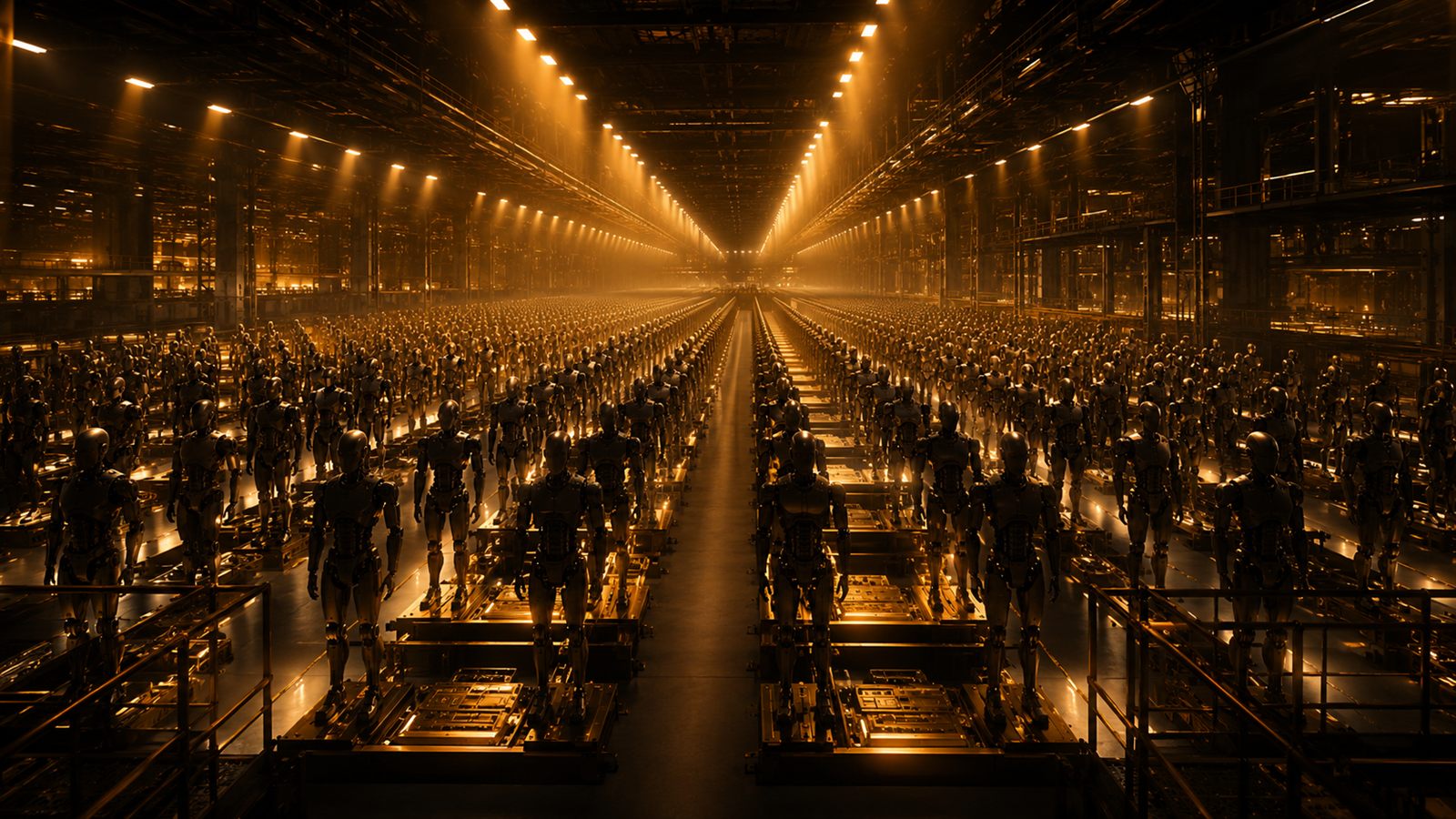 Perspective view of hundreds of humanoid robots lined up in a vast dark factory