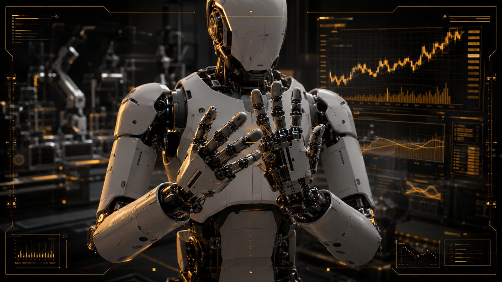 Gros plan sur une main robotique hautement articulée avec des touches ambrées et des courbes financières d'IPO discrètes en arrière-plan