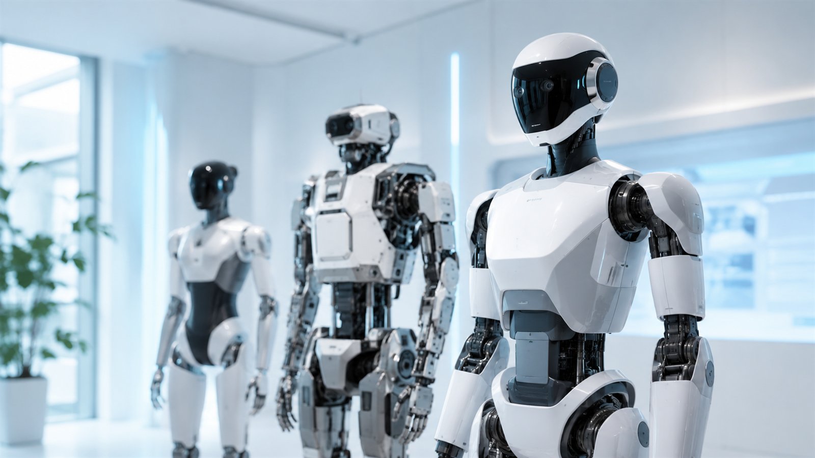 Three white humanoid robots lined up in a bright showroom