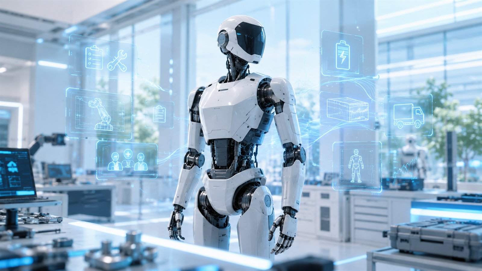 Humanoid robot in a lab surrounded by holographic panels for maintenance, energy, logistics and training