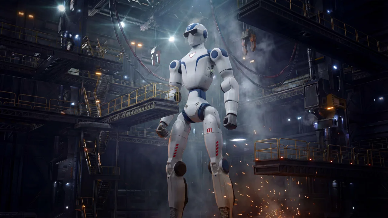 Unitree R1 in blue industrial render, official Unitree Robotics image