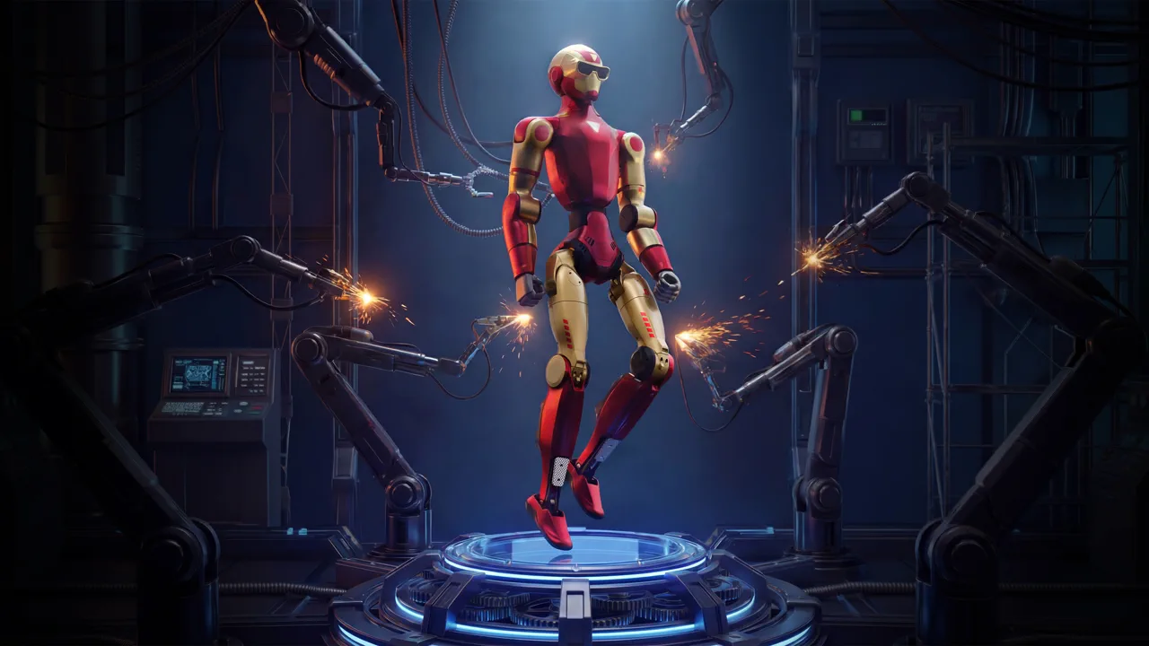 Unitree R1 in red industrial render, official Unitree Robotics image